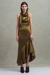 Olive Satin Etui Langes Ballkleid mit Rüschen